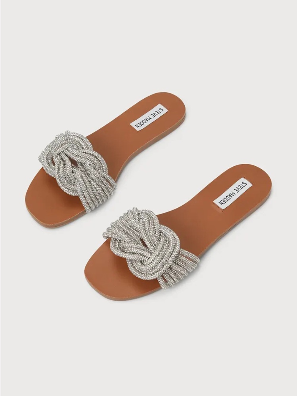 Steve Madden Silver Beaded Knot Slide Sandals - Tan Footbed